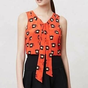 Anthropologie Red Telephone-Print Tie-Neck Camisole Size 6
